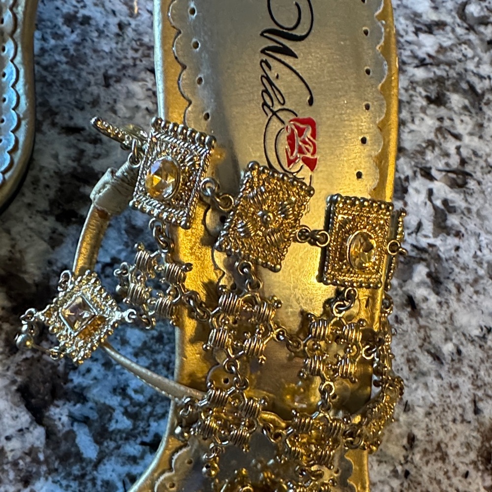 Wild Rose Metallic Gold Jeweled T-Strap Sandals - Picture 7 of 7